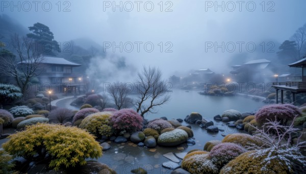 A tranquil winter scene unfolds in a Japanese garden, featuring traditional buildings, a peaceful