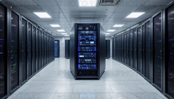 A modern data center showcases rows of server racks, illuminated by blue lights, creating a