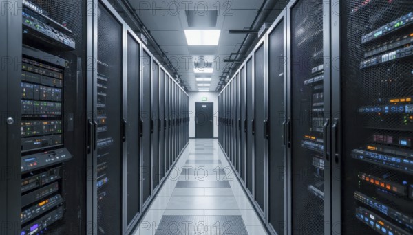 A long hallway in a data center is lined with server racks, with a door at the end. The servers are