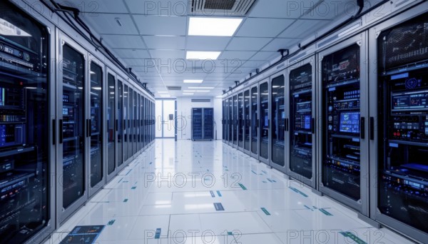 A long, well-lit server room with rows of server racks, showcasing advanced technology and data