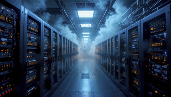 A futuristic data center with rows of servers and a dramatic atmosphere created by smoke or fog,