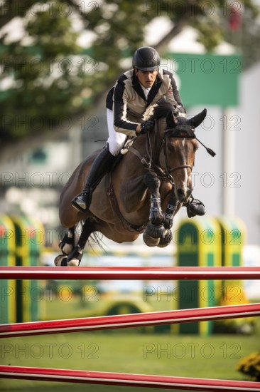 Nicola Philippaerts of Belgium, riding Gadget Mouche competes in the 2025 Spruce Meadows Masters on