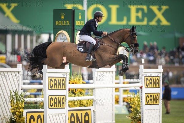 Bertram Allen of Ireland, riding Qonquest De Rigo competes in the 2025 Spruce Meadows Masters on