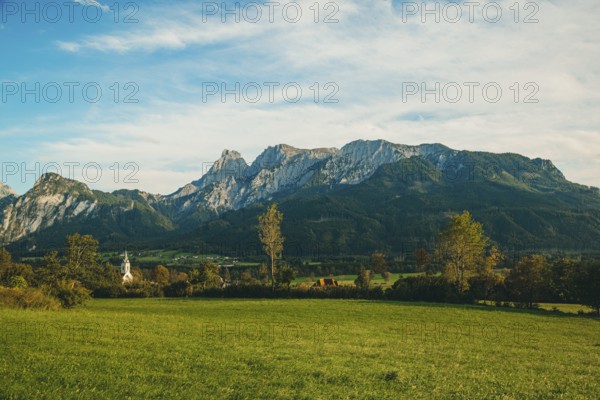 Landscape with green meadow and trees, Admonter Reichenstein group in the background, Weng im