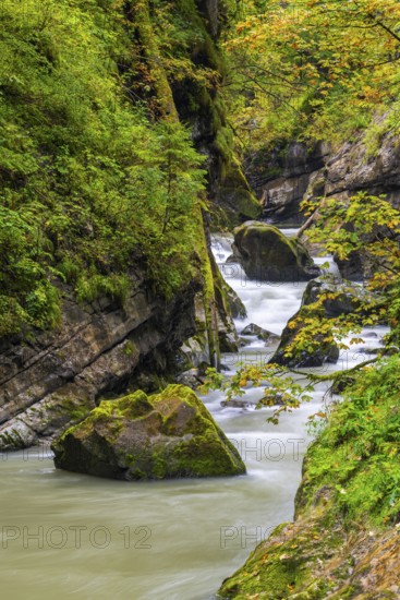 Breitach flows through a narrow gorge with stones, stream, Schrattenkalk, Breitachklamm,