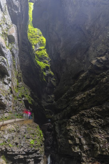 Breitach flows through gorge, stream, Schrattenkalk, visitors on footbridge, hiking trail,
