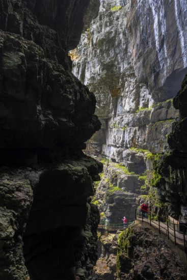 Breitach flows through gorge, stream, Schrattenkalk, visitors on footbridge, hiking trail,