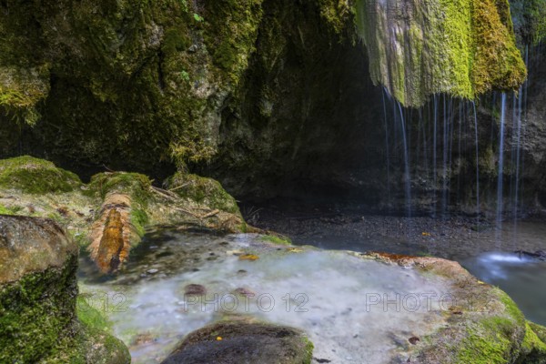 Sinterstein with mosses, Hinanger waterfalls, gorge, rock, limestone, Hinang, Fischen, Allgäu Alps,