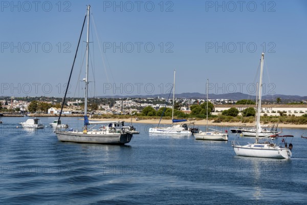 Sailboats anchored in the Gilão River, in front of the beach Praia da Ilha de Tavira, on the island