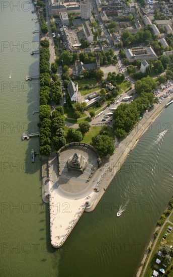 Aerial view, Rhine, Moselle, Deutsches Eck, with monument Kaiser Wilhelm, Koblenz,