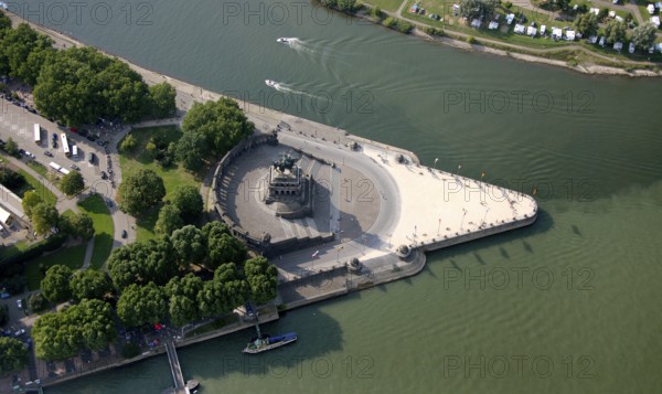 Aerial view, Rhine, Moselle, Deutsches Eck, with monument Kaiser Wilhelm, Koblenz,