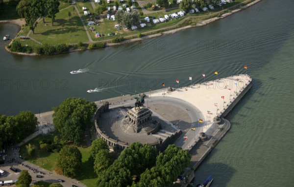 Aerial view, Rhine, Moselle, Deutsches Eck, with monument Kaiser Wilhelm, Koblenz,