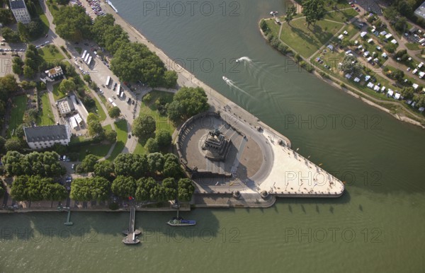Aerial view, Rhine, Moselle, Deutsches Eck, with monument Kaiser Wilhelm, Koblenz,