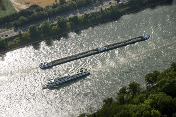 Aerial view, Rhine, cargo ship, inland navigation, passenger ship, excursion steamer, Koblenz,