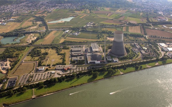 Aerial view, Rhine, Mülheim Kärlich nuclear power plant, Koblenz, Rhineland-Palatinate, Germany,