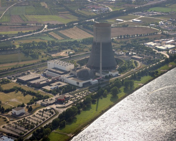 Aerial view, Rhine, Mülheim Kärlich nuclear power plant, Koblenz, Rhineland-Palatinate, Germany,