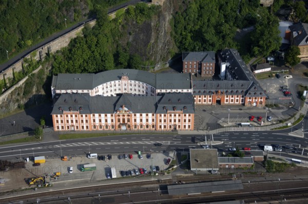 Aerial view, Rhine, Castle below Ehrenbreitstein Fortress, Koblenz, Rhineland-Palatinate, Germany,