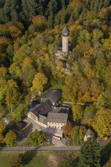 Aerial view, Wildenburg castle ruins in the Wildenburg nature reserve near Kempfeld in the Idarwald