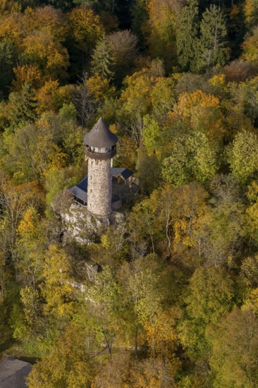 Aerial view, Wildenburg castle ruins in the Wildenburg nature reserve near Kempfeld in the Idarwald