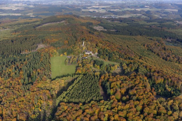 Aerial view, Wildenburg castle ruins in the Wildenburg nature reserve near Kempfeld in the Idarwald