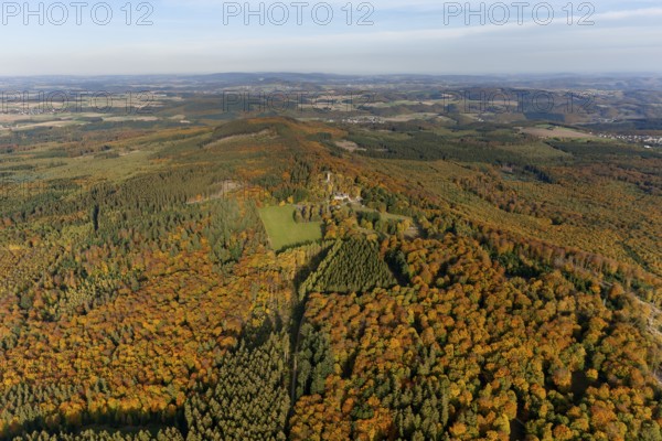 Aerial view, Wildenburg castle ruins in the Wildenburg nature reserve near Kempfeld in the Idarwald