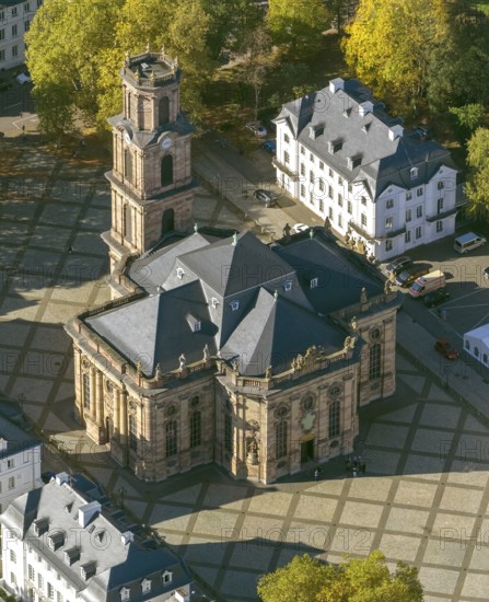 Baroque Ludwigskirche, Ludwigsplatz, Saarbrücken, Saarland, Germany, Europe, aerial view,