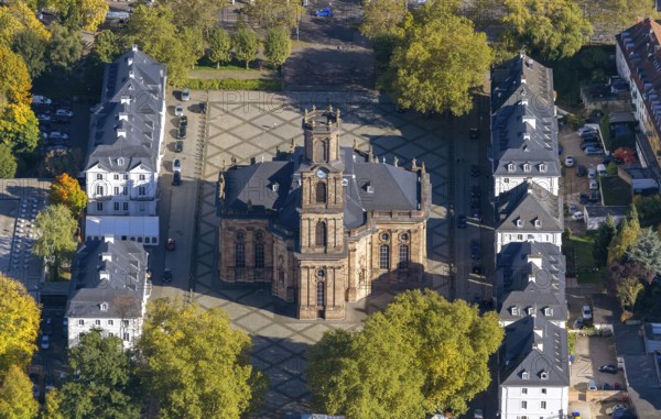 Baroque Ludwigskirche, Ludwigsplatz, Saarbrücken, Saarland, Germany, Europe, aerial view,
