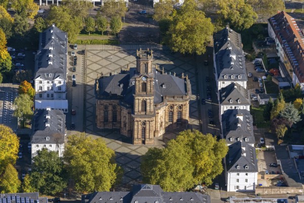 Baroque Ludwigskirche, Ludwigsplatz, Saarbrücken, Saarland, Germany, Europe, aerial view,