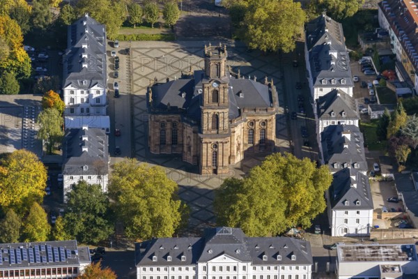 Baroque Ludwigskirche, Ludwigsplatz, Saarbrücken, Saarland, Germany, Europe, aerial view,