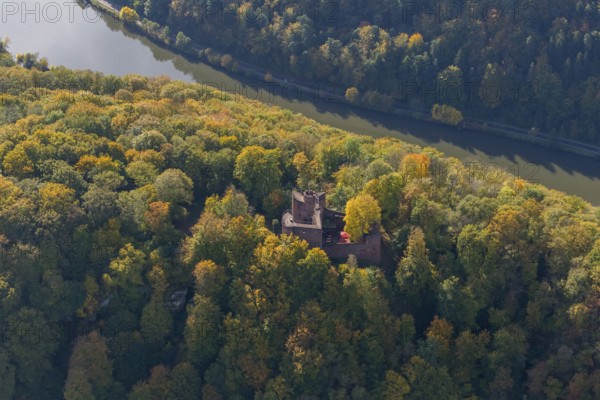 Aerial photo, Montclair Castle, castle tower, at the Saarschleife Mettlach, Taben-Rodt, Saarland,