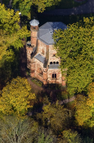 Aerial view, old tower, oldest sacral building in Saarland, Mettlach, Saarland, Germany, Europe,