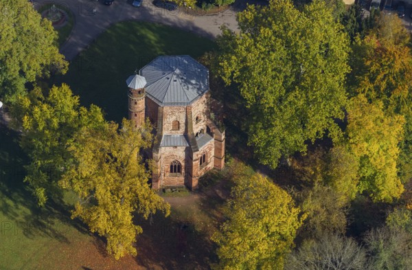 Aerial view, old tower, oldest sacral building in Saarland, Mettlach, Saarland, Germany, Europe,