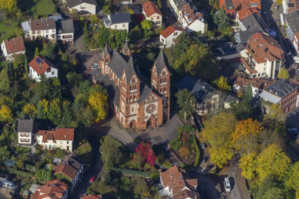 Aerial photo, parish church of St Lutwinus, Mettlach, Saarland, Germany, Europe, birds-eyes view,