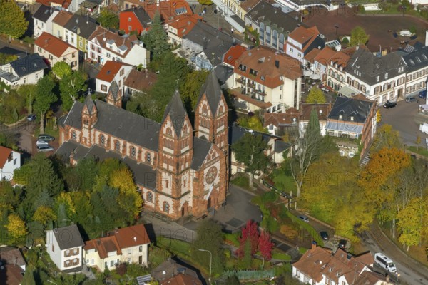 Aerial photo, parish church of St Lutwinus, Mettlach, Saarland, Germany, Europe, birds-eyes view,