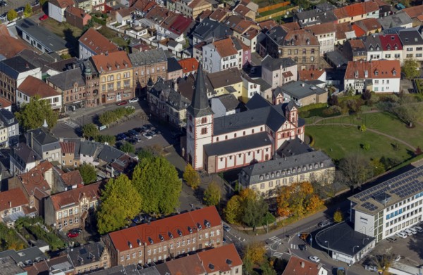 Aerial view, Church of St Peter, late Romanesque basilica with three naves, Merzig, Saarland,