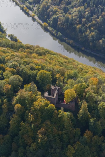 Aerial photo, Montclair Castle, castle tower, at the Saarschleife Mettlach, Taben-Rodt, Saarland,