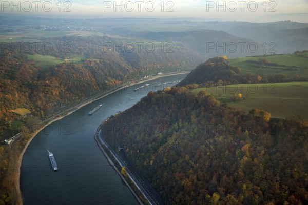 Rhine valley with colourful vineyards near St.Goarshausen, inland navigation, Sankt Goarshausen,