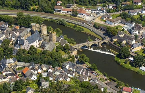 Runkel Castle with Lahn and Lahn bridge, ruins of a medieval hilltop castle in the town of Runkel,