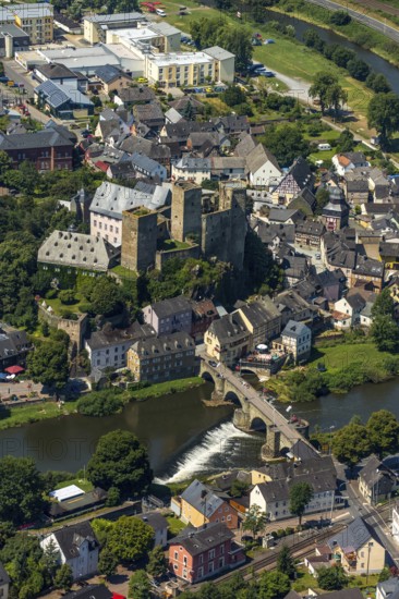 Runkel Castle with Lahn and Lahn bridge, ruins of a medieval hilltop castle in the town of Runkel,