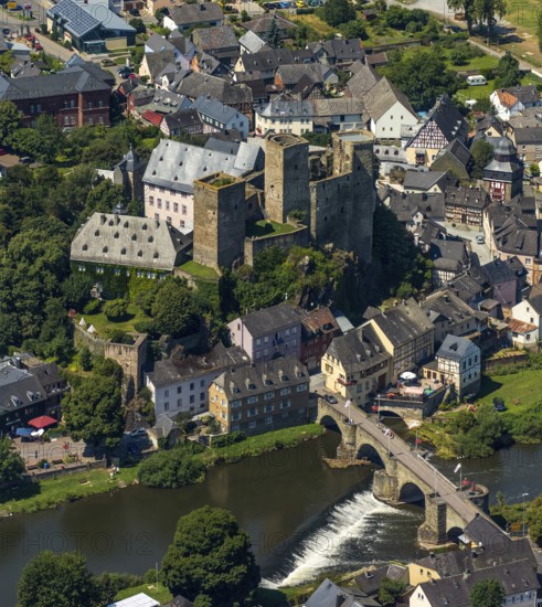 Runkel Castle with Lahn and Lahn bridge, ruins of a medieval hilltop castle in the town of Runkel,