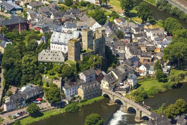 Runkel Castle with Lahn and Lahn bridge, ruins of a medieval hilltop castle in the town of Runkel,