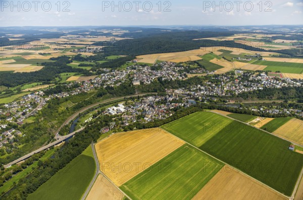 Runkel Castle with Lahn and Lahn bridge, ruins of a medieval hilltop castle in the town of Runkel,