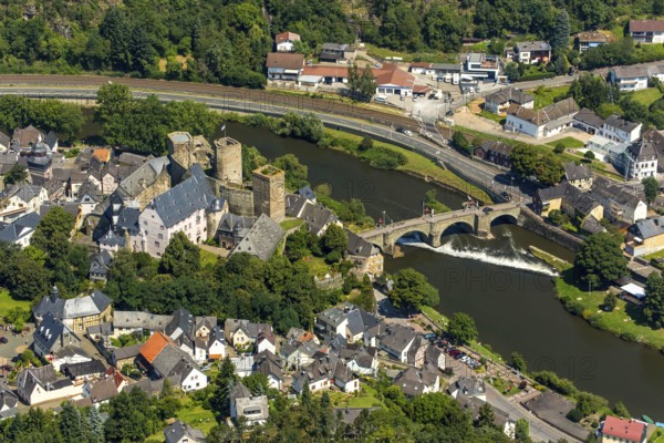 Runkel Castle with Lahn and Lahn bridge, ruins of a medieval hilltop castle in the town of Runkel,