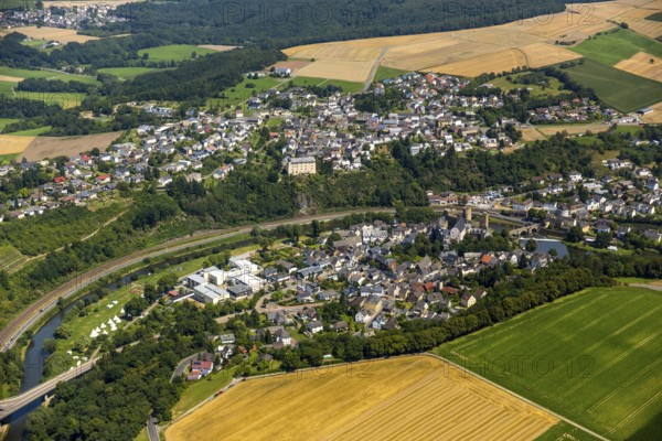Runkel Castle with Lahn and Lahn bridge, ruins of a medieval hilltop castle in the town of Runkel,