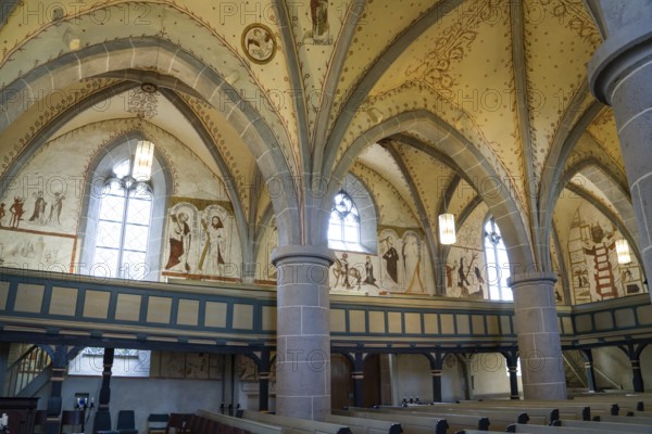 Interior view with fresco-secco wall paintings, Protestant Church, Evangelische Stadtkirche,