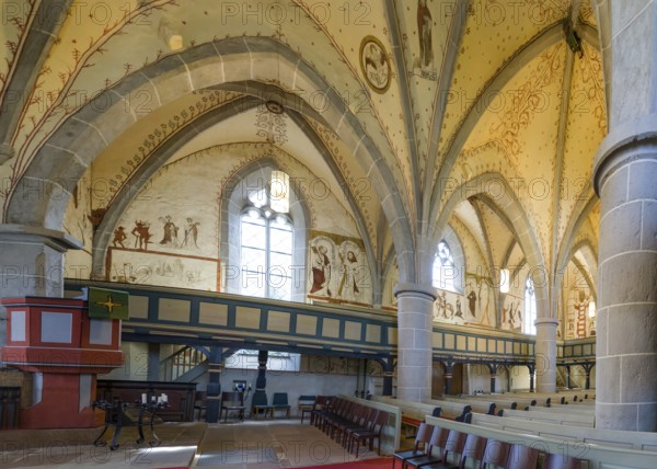 Interior view with fresco-secco wall paintings, Protestant Church, Evangelische Stadtkirche,