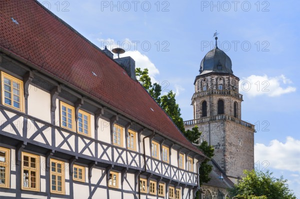 Half-timbered house facade, Protestant Church, Evangelische Stadtkirche, Zierenberg, district of