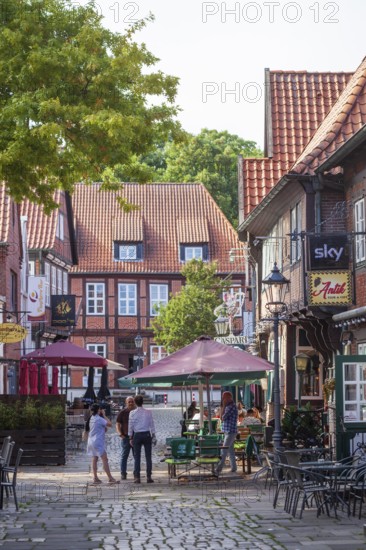 Historic half-timbered houses in the Lämmertwiete with catering in Harburg's old town, Harburg,