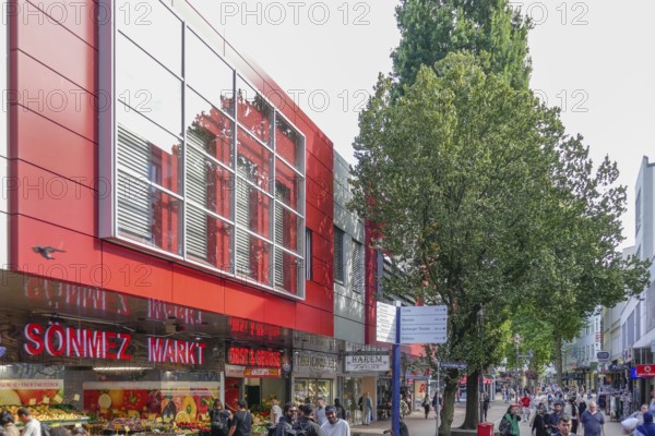 Pedestrian zone and shopping street Lüneburger Straße with many people and shops, Harburg, Hamburg,