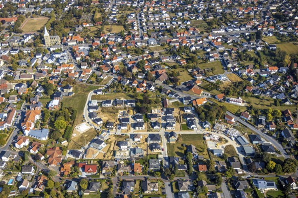 Aerial view, construction site Katharinenweg, catholic church St.-Pankratius, Anröchte, district of